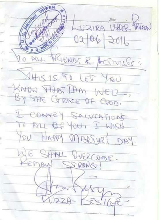 Dr. Kizza Besigye's letter from prison