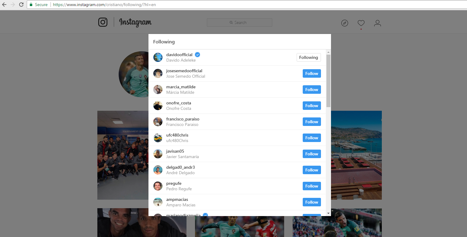 Cristiano Ronaldo following Davido on Instagram