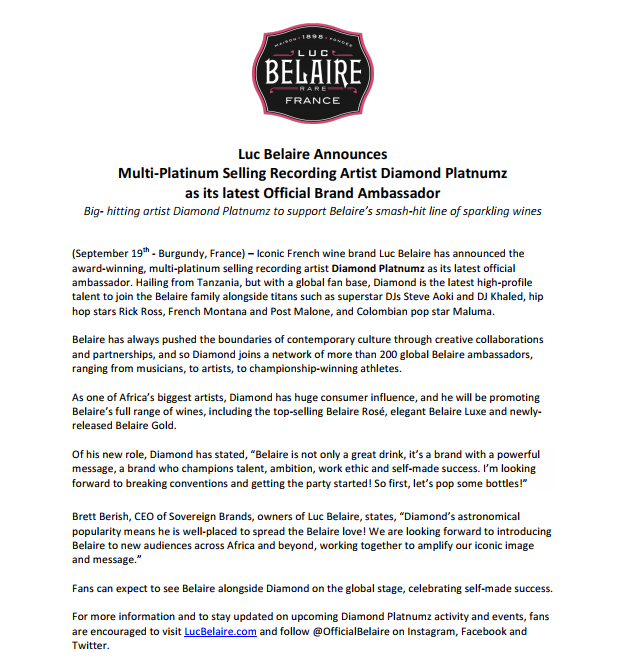 Luc Belaire's letter to Diamond Platnumz