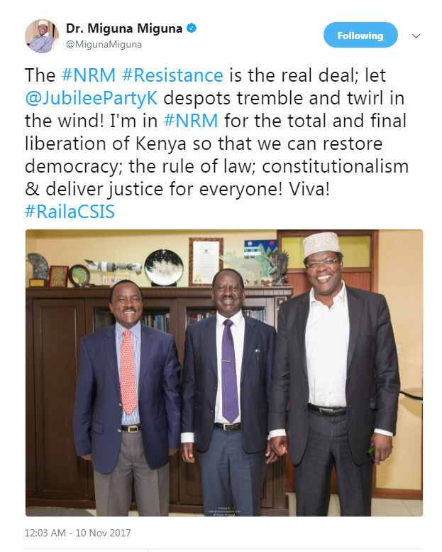Miguna Miguna's tweet about joining NRM with Raila Odinga and kalonzo Musyoka