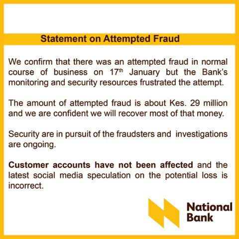 National Bank's official statement on the attempted fraud