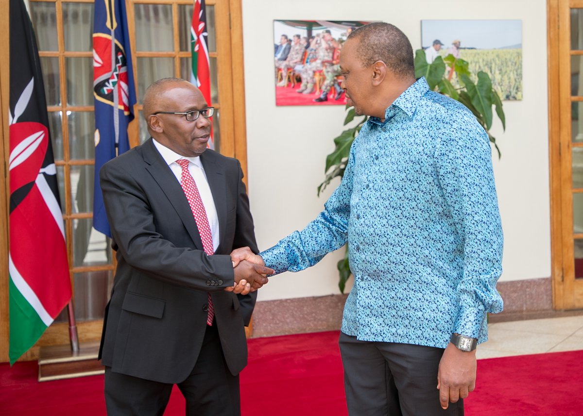 president Uhuru Kenyatta with the former Attorney General, professor Githu Muigai at State House. photo credit: Twitter/UKenyatta