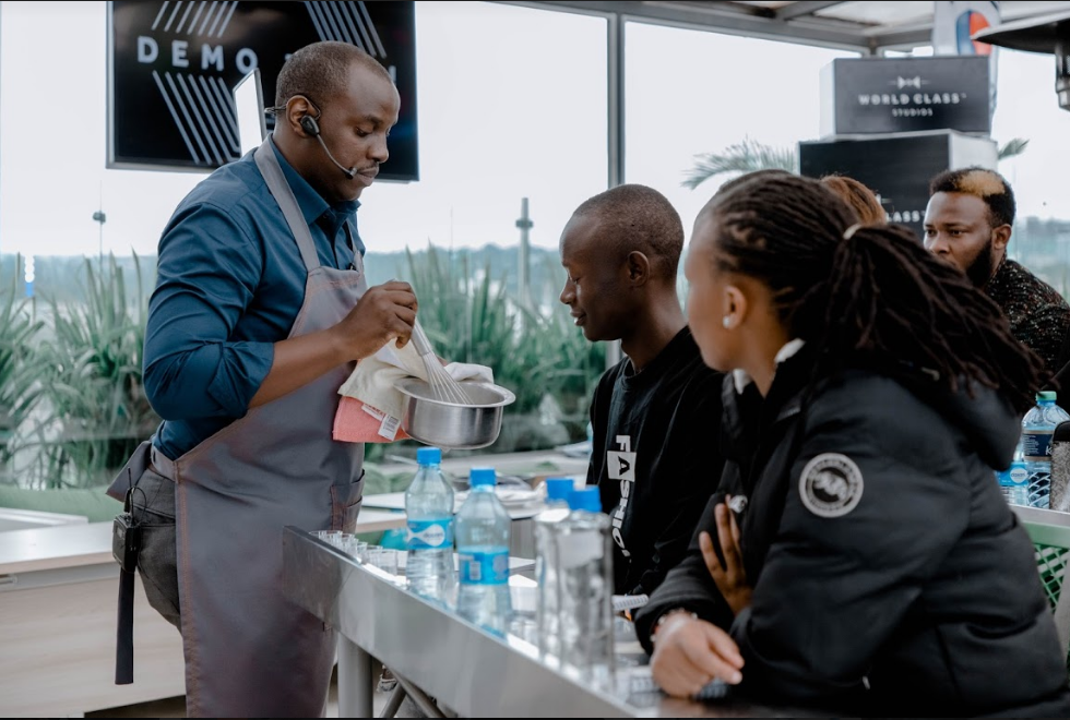 Diageo East Africa Reserve Brand Ambassador Alex Kavita demonstrates the different techniques of creating flavour during the World Class training at Ibis Styles Roof Top, Westlands.