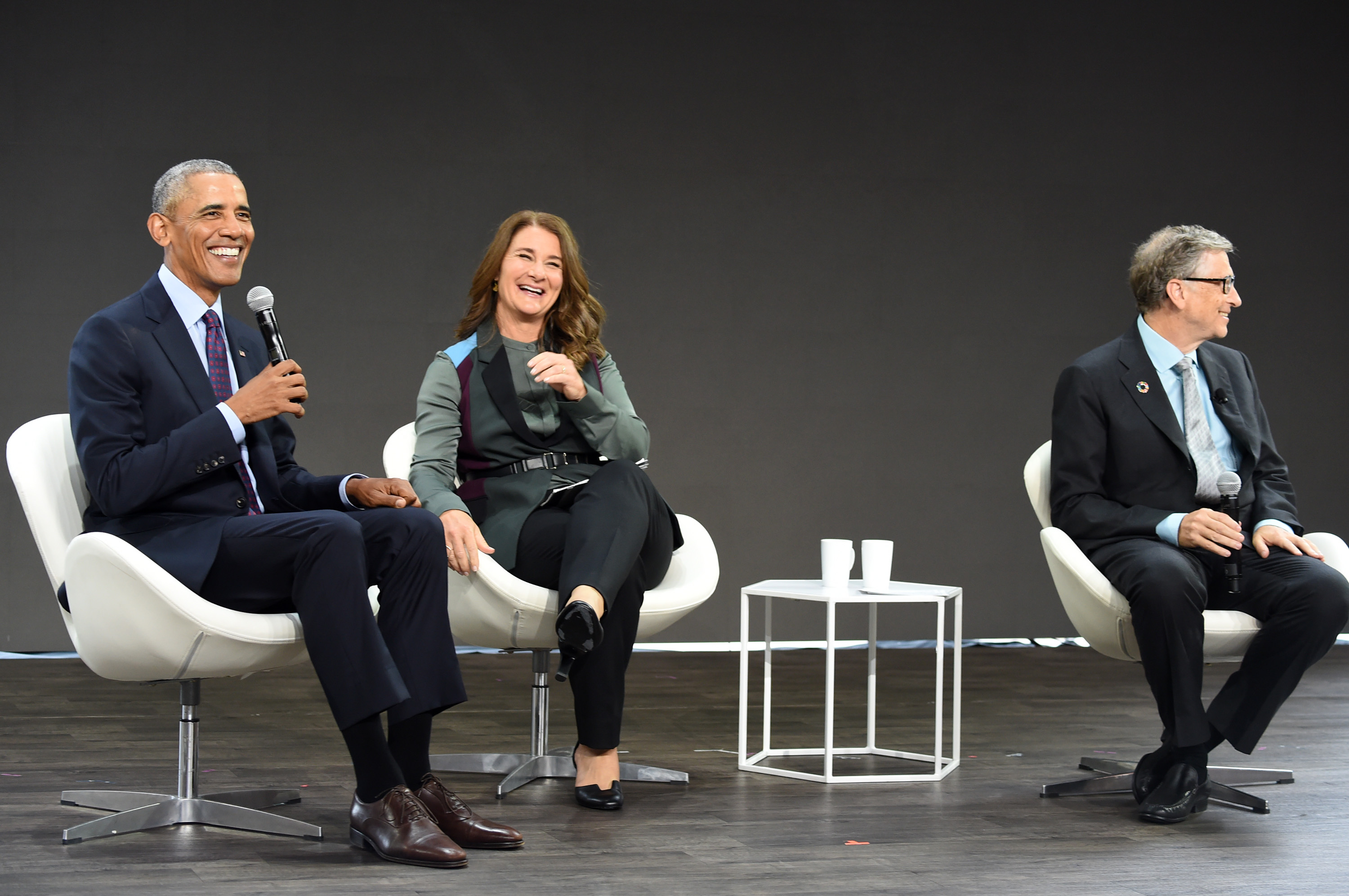 NEW YORK, NY - SEPTEMBER 20: (L-R) President Barack Obama, Melinda Gates and Bill Gates speak at Goalkeepers 2017, at Jazz at Lincoln Center on September 20, 2017 in New York City. Goalkeepers is organized by the Bill & Melinda Gates Foundation to highlight progress against global poverty and disease, showcase solutions to help advance the Sustainable Development Goals (or Global Goals) and foster bold leadership to help accelerate the path to a more prosperous, healthy and just future. (Photo by Jamie McCarthy/Getty Images for Bill & Melinda Gates Foundation)