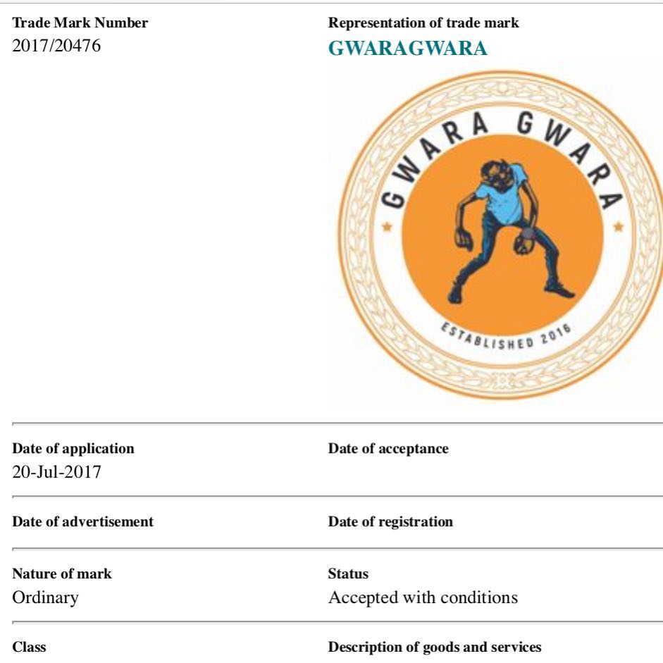 a copy of the gwara gwara dance trademark certificate. photo credit: Instagram/djbongz_gwara_gwara