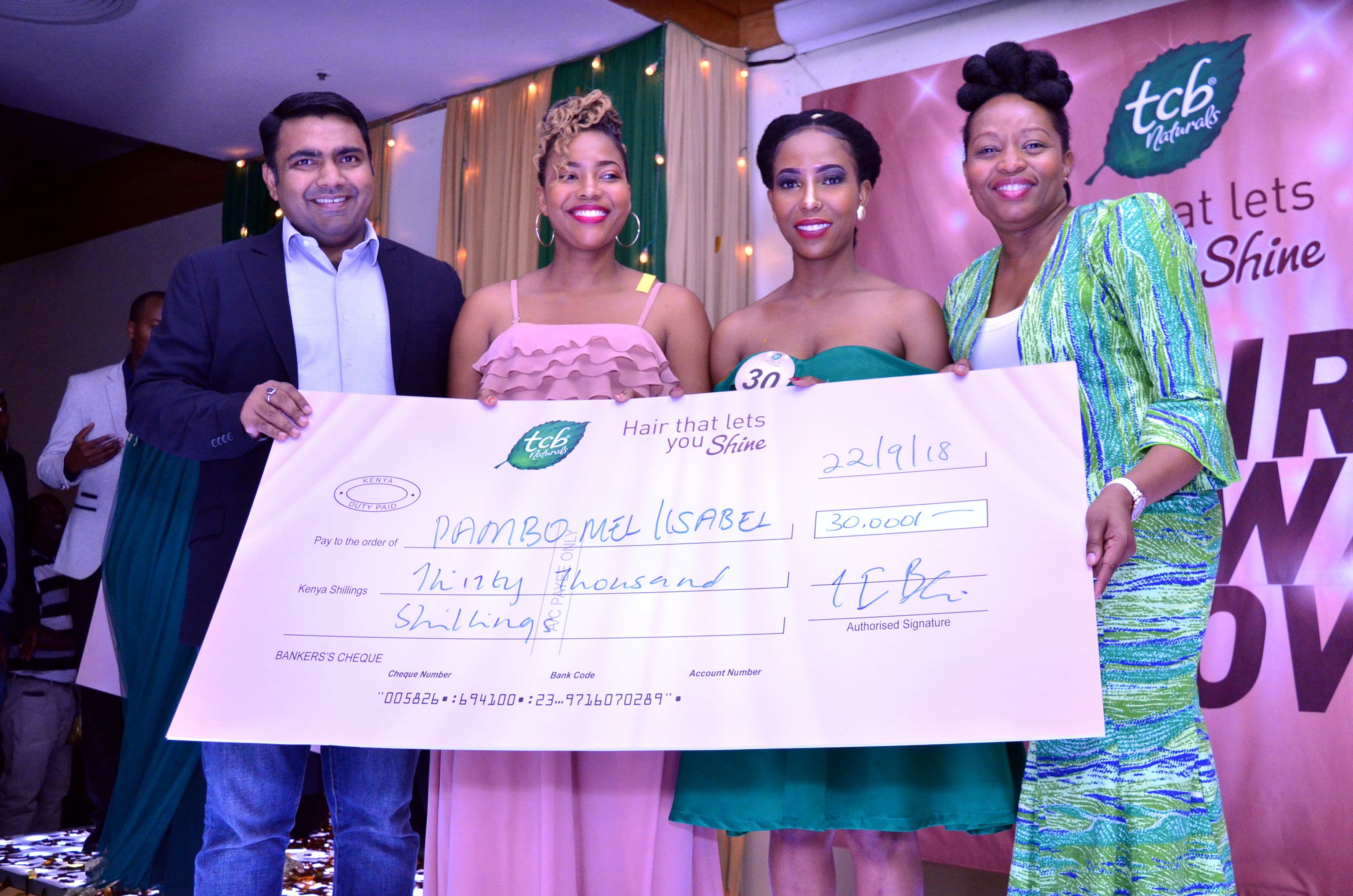 (L-R) Godrej Business Head Gaurav Kaushal, Natural Hair Winner Melisa Mesilale with her model and Godrej Marketing Manager Rachel Migwi at InterContinental Hotel on 22nd September 201