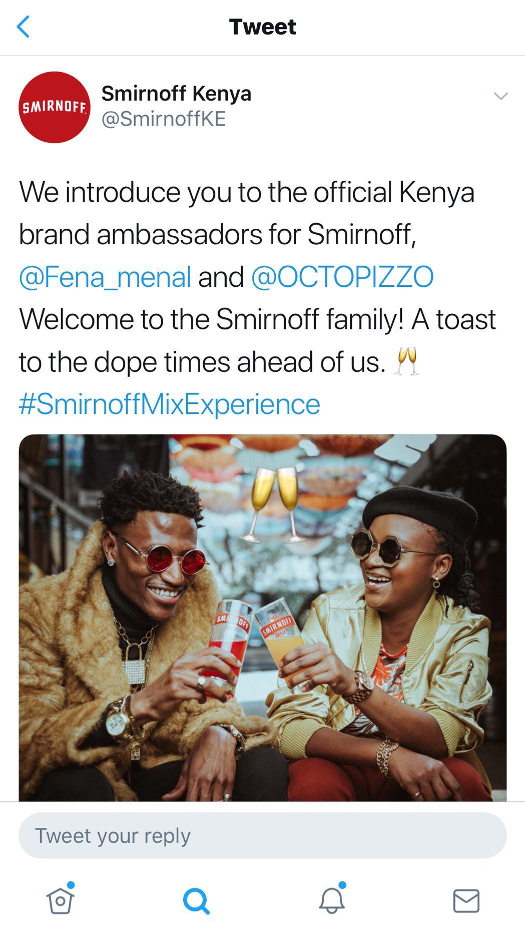 Smirnoff Kenya's official tweet welcoming Fena Gitu and Octopizzo in the team