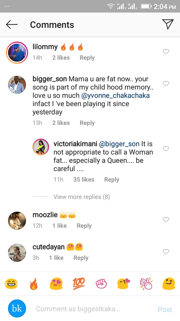 Victoria Kimani checking an Instagram user by the user name of @bigger_son for calling Yvonne Chaka Chaka fat