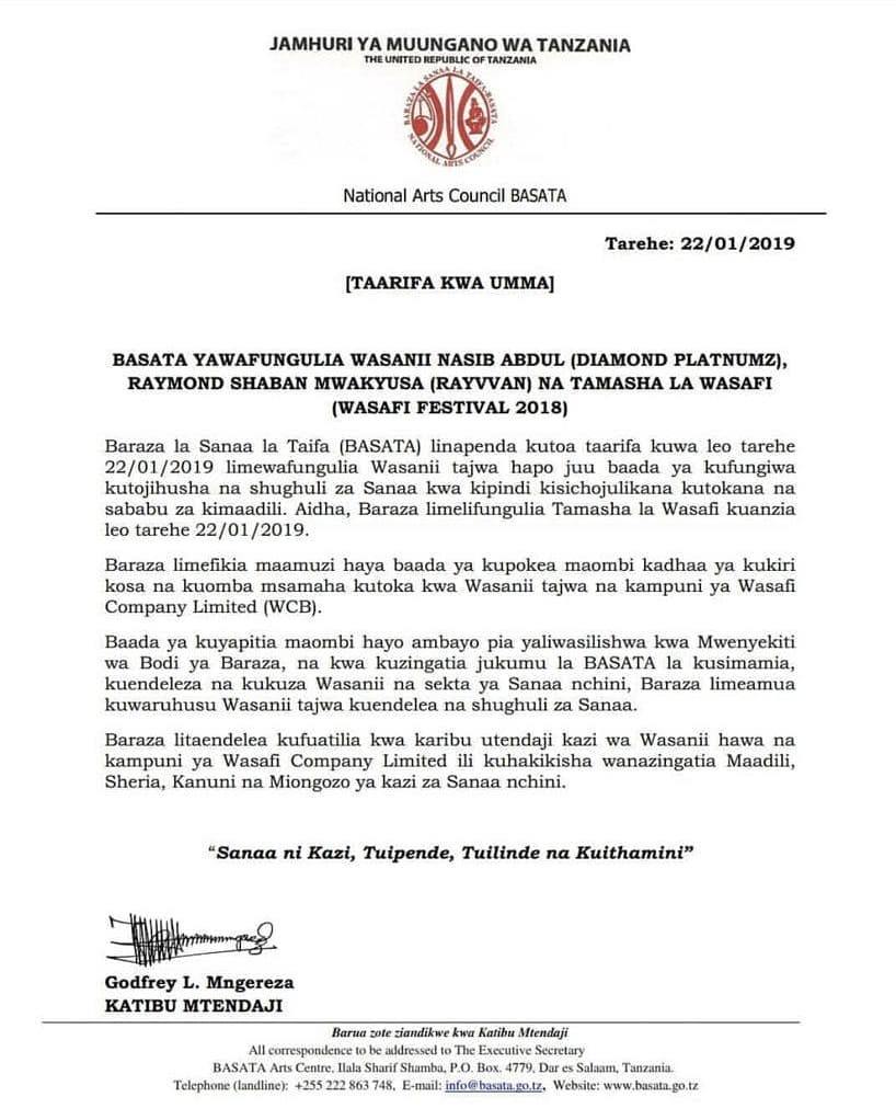 the official letter of BASATA lifting Diamond Platnumz, Rayvanny and the entire Wasafi Company Limited from their ban. photo credit: Instagram/basata.tanzania
