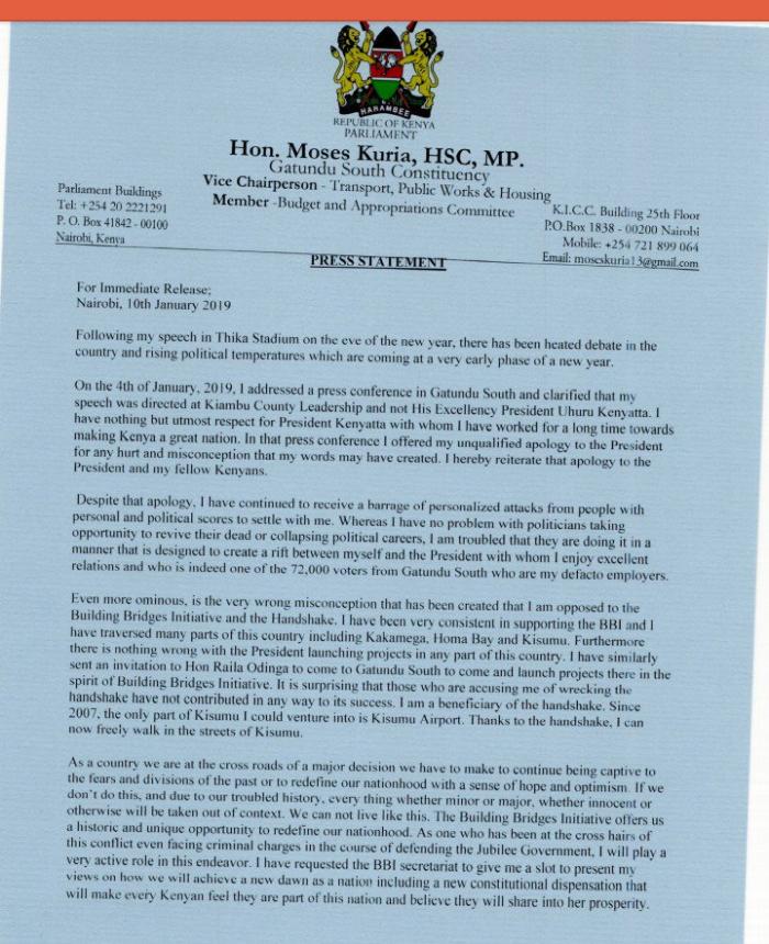 Gatundu South MP, Moses Kuria press statement