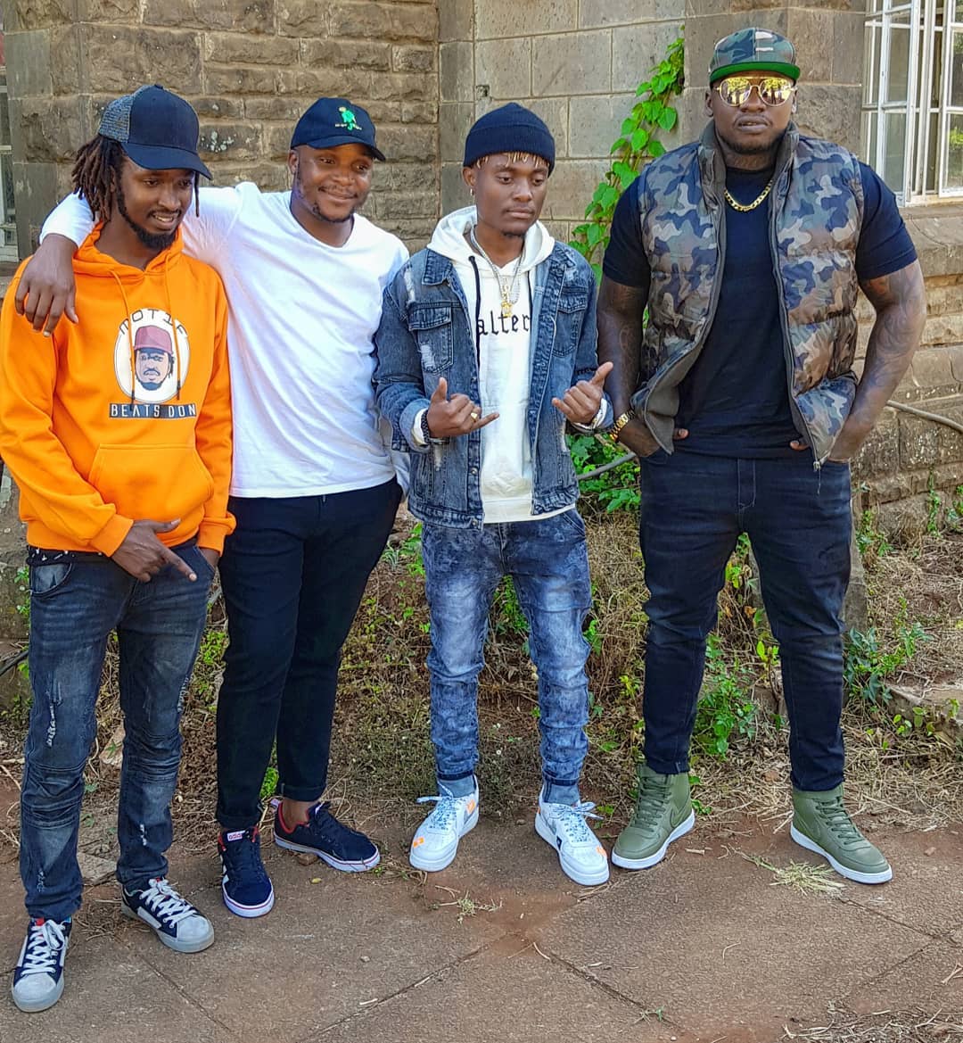 comedian, media personality, businessman, radio host Jalang'o was also a part of the 'Kiboko' remix after playing a very crucial part in the process of making the remix come to fruition. From left to Right: Motif on the Beat, Jalang'o, Masauti and Khaligraph Jones. photo credit: Instagram/officialmasauti_