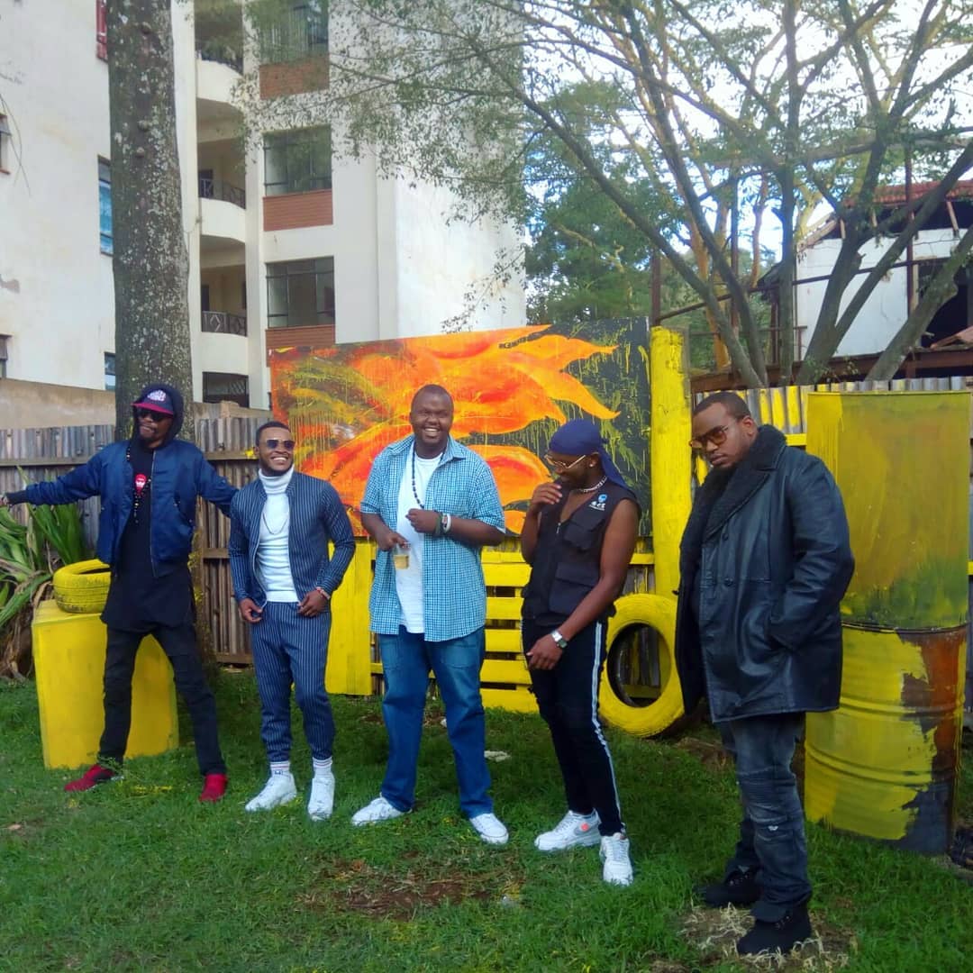from left to right: Kid Kora, Sudi Boy, Mejja, Tomani and Madtraxx on set of the 'Mapigo' music video shoot. photo credit: Instagram/sudiboyofficial