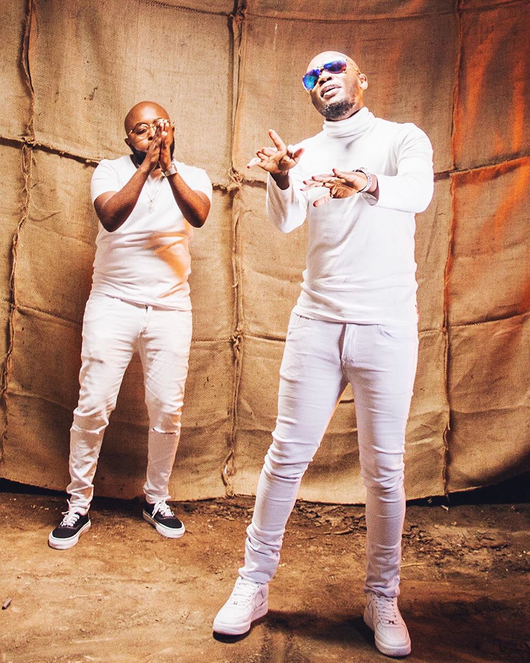 Moji ShortBabaa and Daddy Owen on set of the 'Sitadanganya' music video. photo credit: Instagram/mojishortbabaa