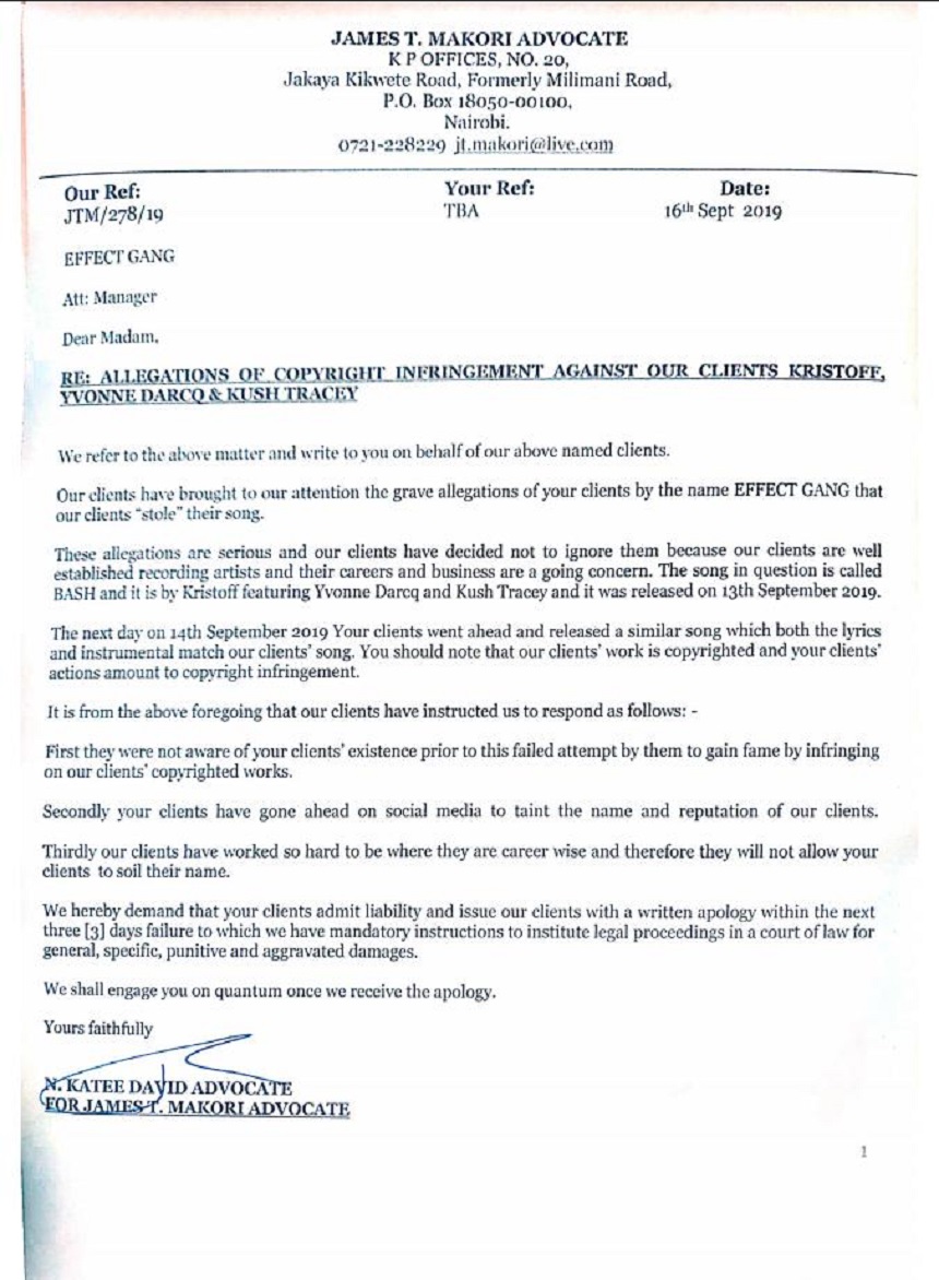 Kristoff's official demand letter drafted by his advocates