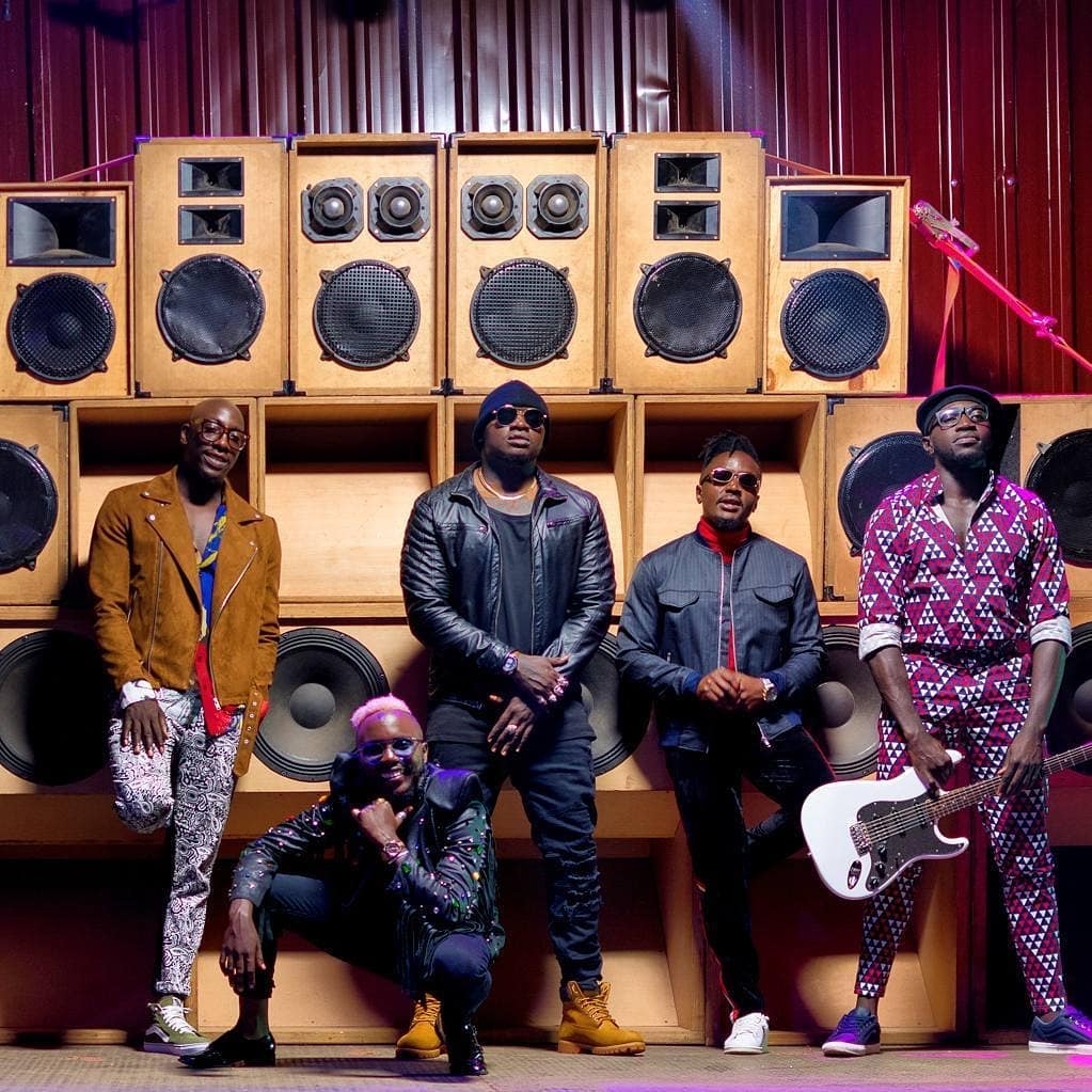 Khaligraph Jones and Sauti Sol on set of 'Rewind' music video. photo credit: Instagram/sautisol