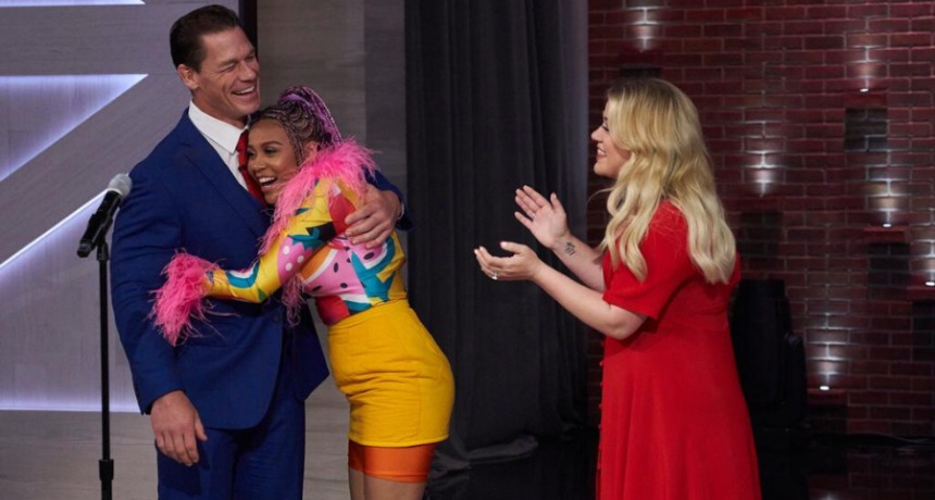 John Cena hugging Sho Madjozi at Kelly Clarkson show