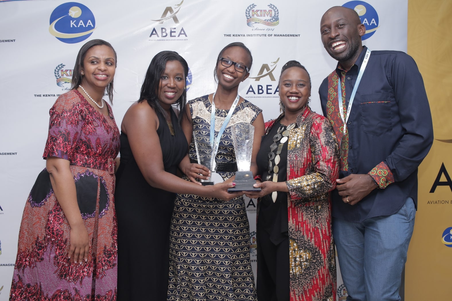 The ABEA 2019 Company Of The Year winners, Swissport Kenya posing with their two trophies the company won at the ABEA 2019 gala dinner held on November 15, 2019. From Left, Racheal Ndegwa the Chief Operating Officer, Edith Githachuri, Julia Muriithi, Samia Barasa and Wycliffe Osoro the Head of Human Resources. Swissport also won in the ground handling services category.