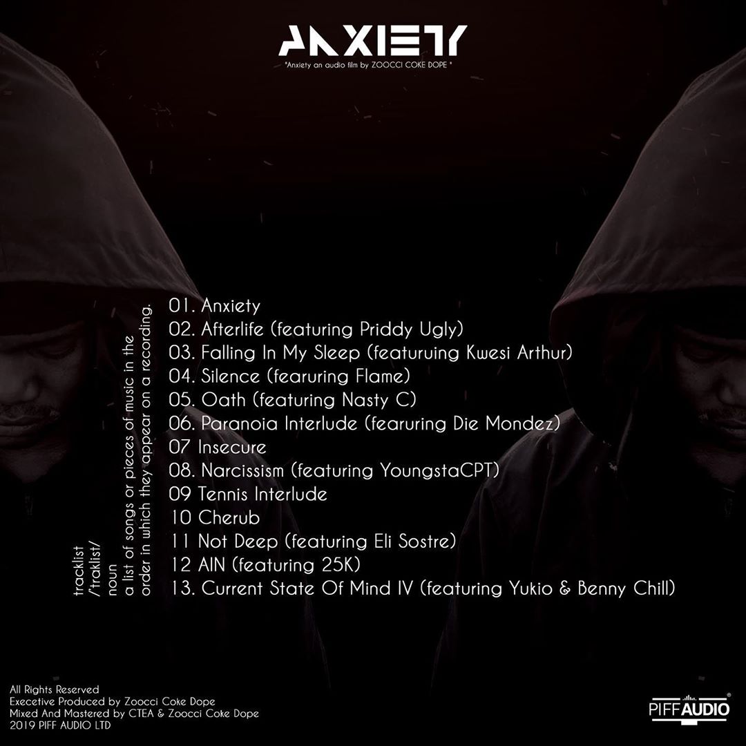 The official back cover art and track list for Zoocci Coke Dope’s latest project ‘Anxiety’. Photo credit: Instagram/zoocci_coke_dope