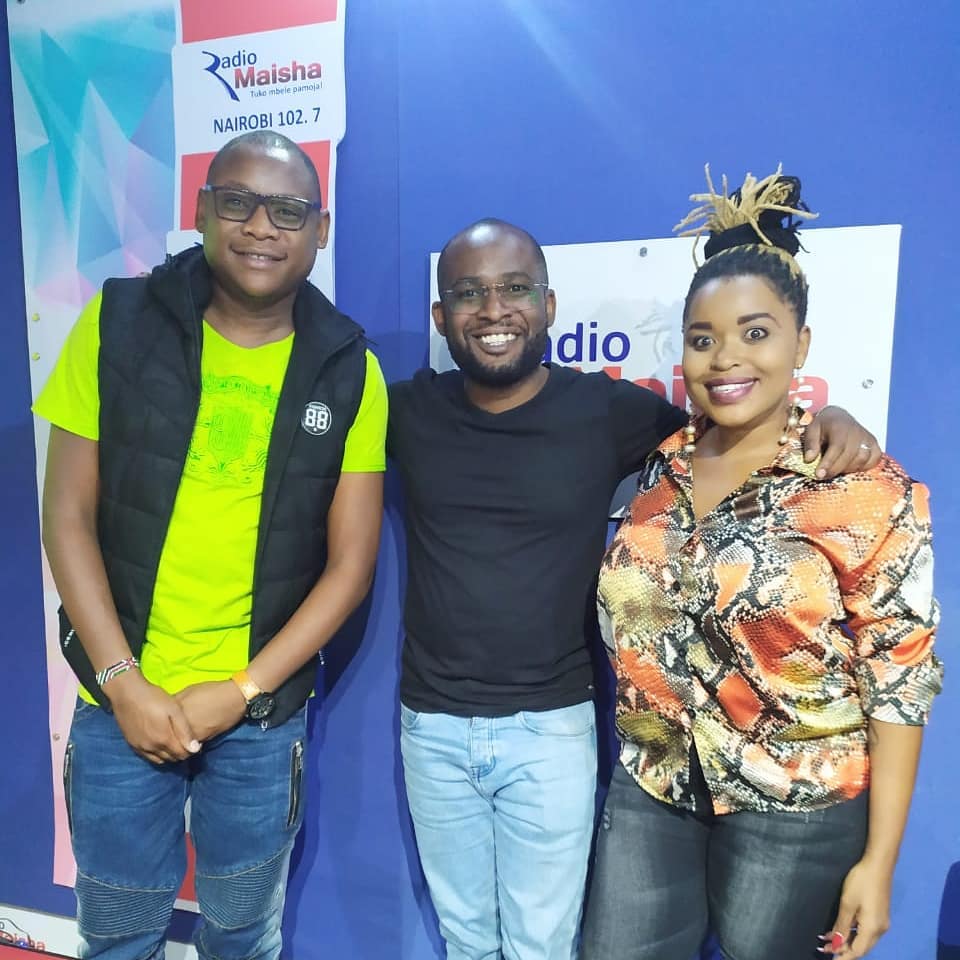 Collo(in the middle) with Clemmo and Mwende Macharia at Radio Maisha studios. Photo credit: Instagram/collo.mfalme