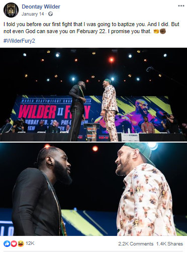 Deontay Wilder's post on Facebook dated 14th February that promised total annihilation to Tyson Fury that mocked God.
