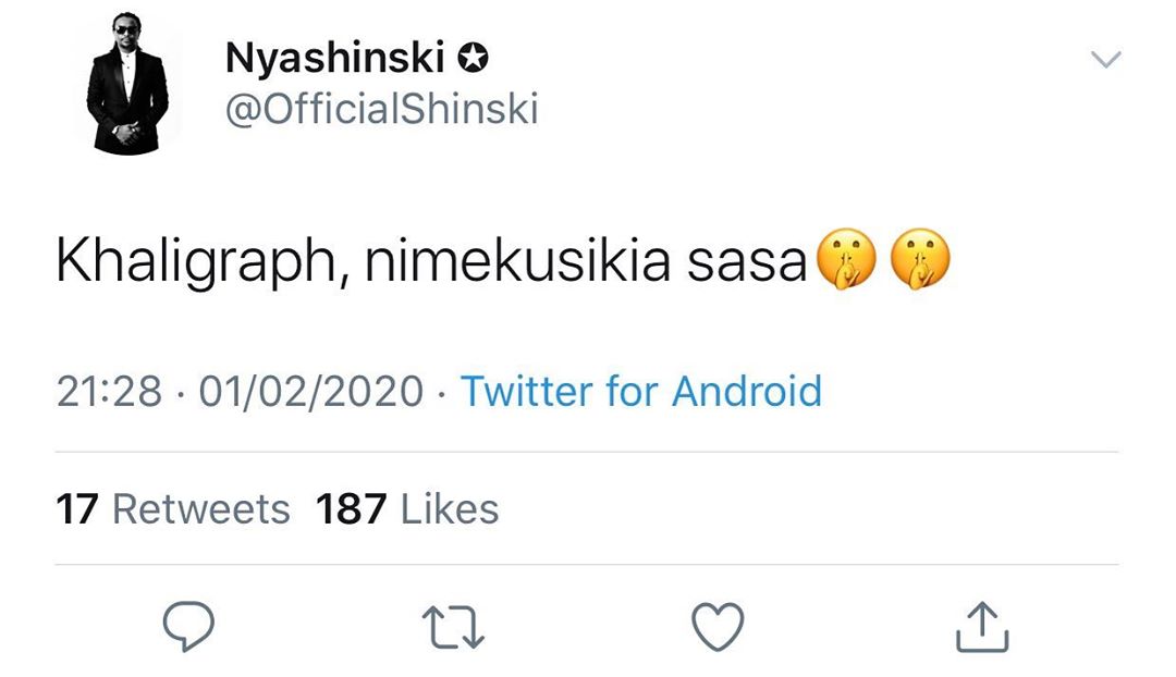 The alleged tweet that Nyashinski responded to Khaligraph Jones with.