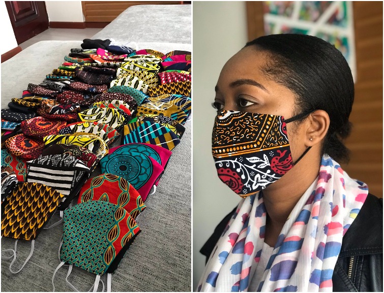 Model wearing the rather unique, fashionable ankara face masks designed by a Kenyan that every other Kenyan netizen is talking about. Photo credit: Twitter/KoomeGitobu