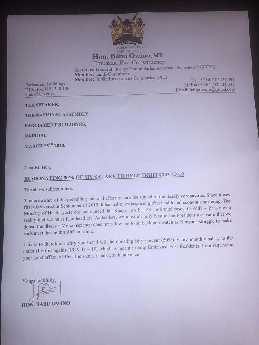 Babu Owino's official letter written to the Speaker of the National Assembly asking for a 50% pay cut to help in fighting the pandemic, Coronavirus, COVID-19. Photo credit: Instagram/he.babuowino