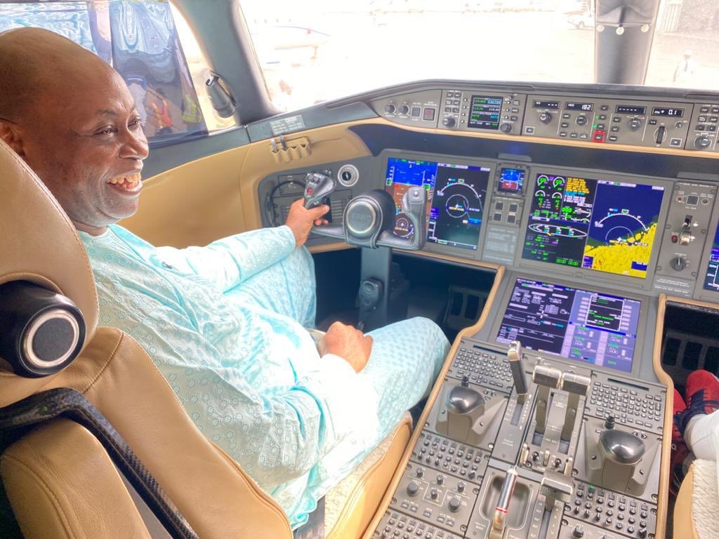 Billionaire, businessman, business magnate, founder and president of Adeleke University and the CEO of Pacific Holdings Limited, Prince Adedeji Adeleke who is also Davido's father inside his new private jet. Photo credit: Instagram/davidoofficial