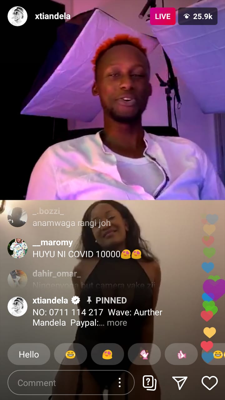 Xtian Dela sharing screens with Sherlyne Anyango on Instagram live that had over 27,000 people on. The show had 90,502 locked live in a span of a few hours