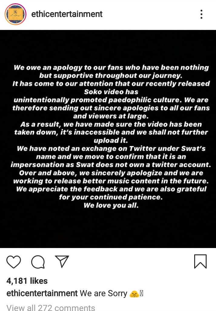 Ethic's official apology statement to their fans after their 'SOKO' song