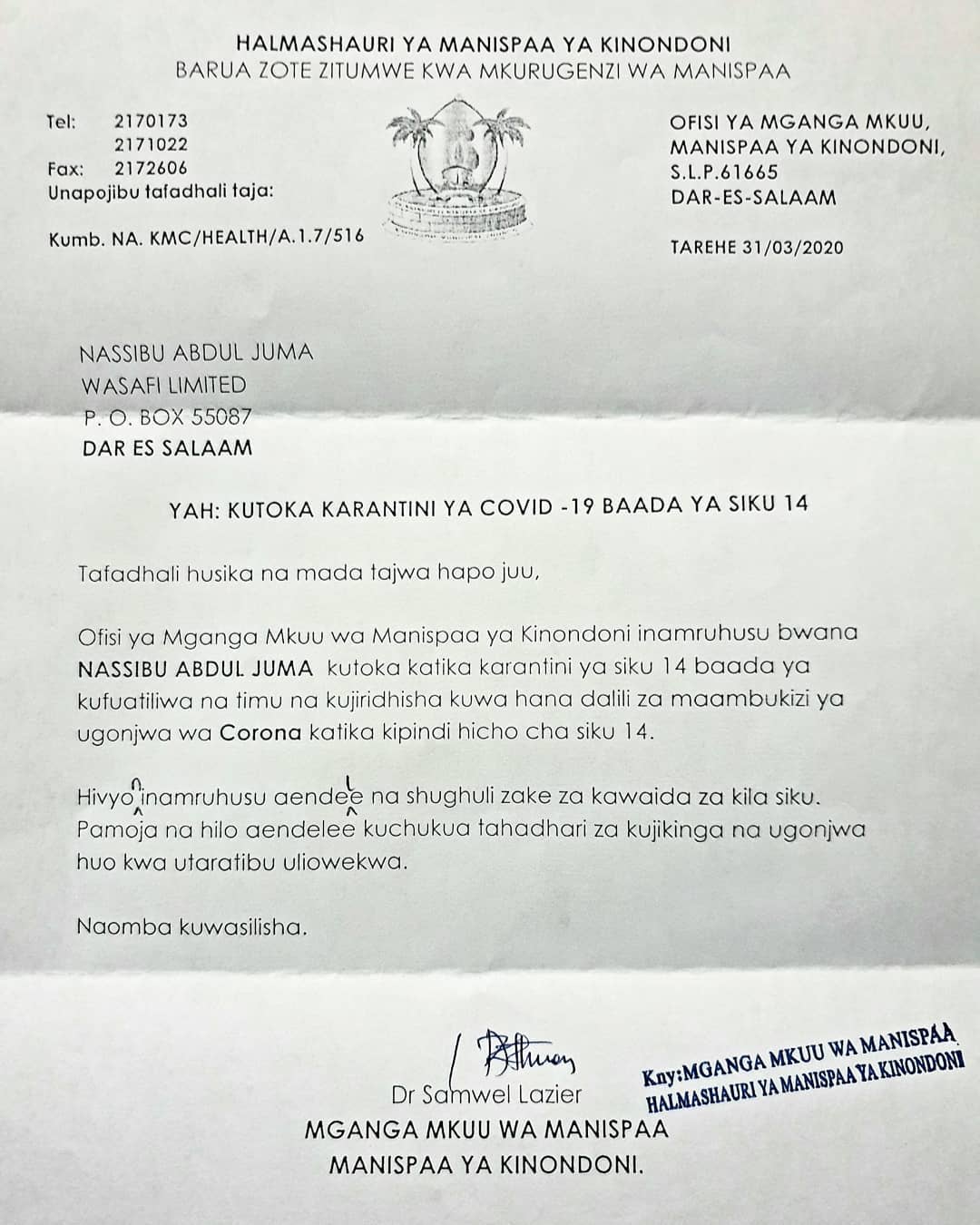 Diamond Platnumz's official letter releasing him from Coronavirus(COVID-19) mandatory 14-day long quarantine. Photo credit: Instagram/diamondplatnumz