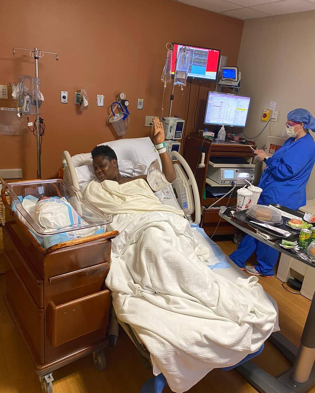 Mercy Johnson Okojie with her newly-born daughter Divine-Mercy Ehinomen Okojie, at University of Maryland St. Joseph Medical Center in Maryland. Photo credit: Instagram/princeodiokojie