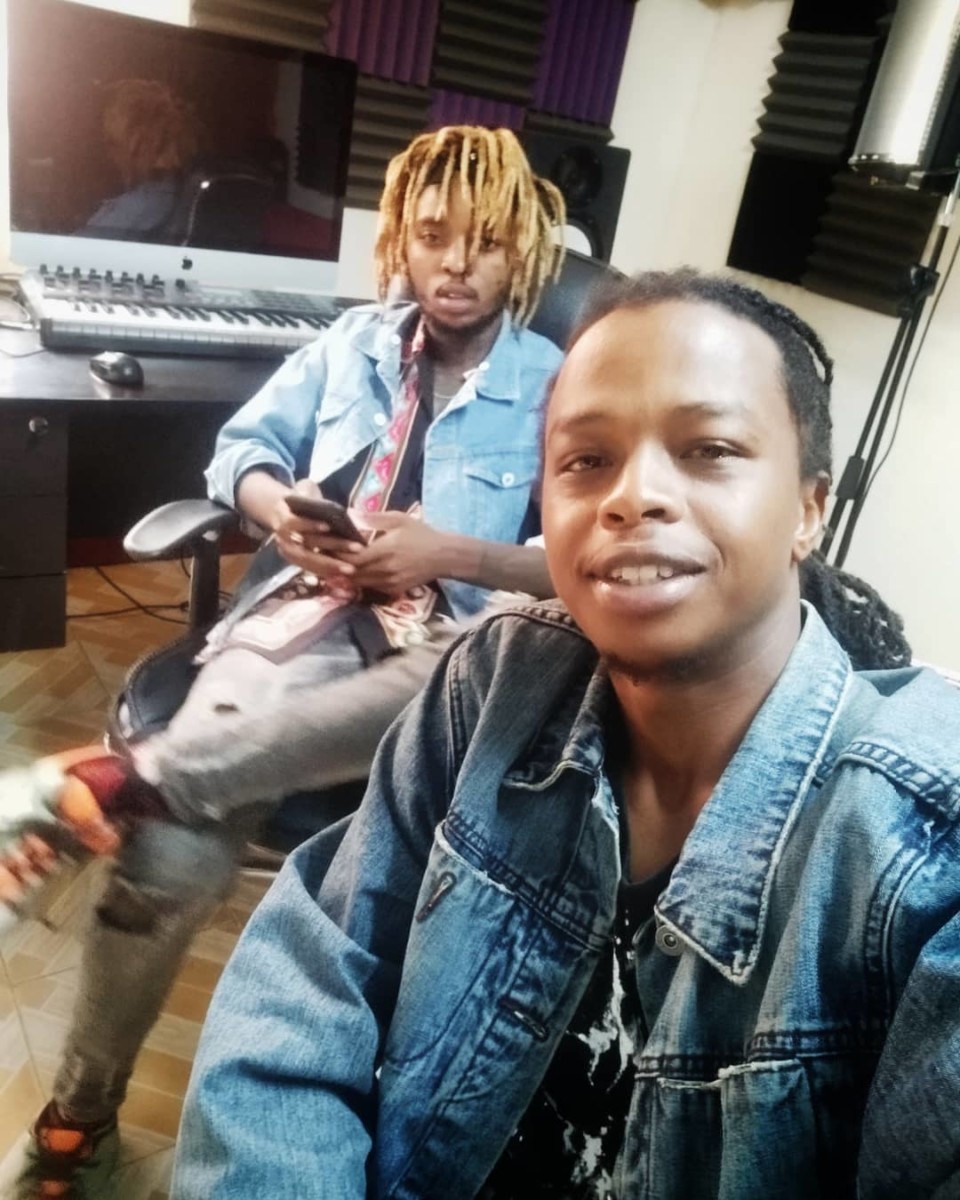Stitch Blaze with Record producer and recording artiste Magix Enga in the studio. Photo credit: Instagram/stitchyblaze