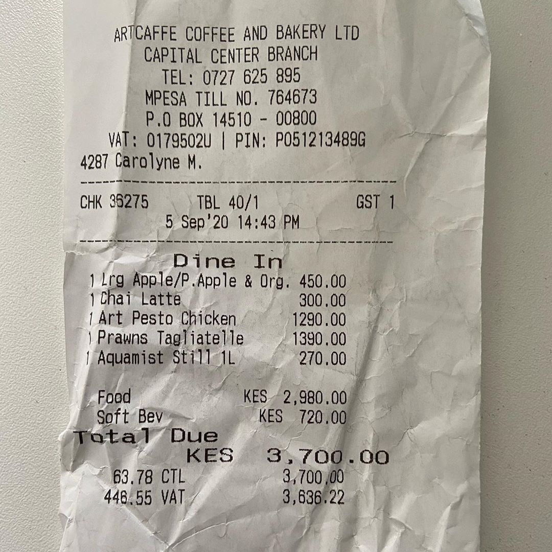 The receipt of what Edgar Obare ate at ArtCaffe restaurant. Photo credit: Instagram/edgarobare