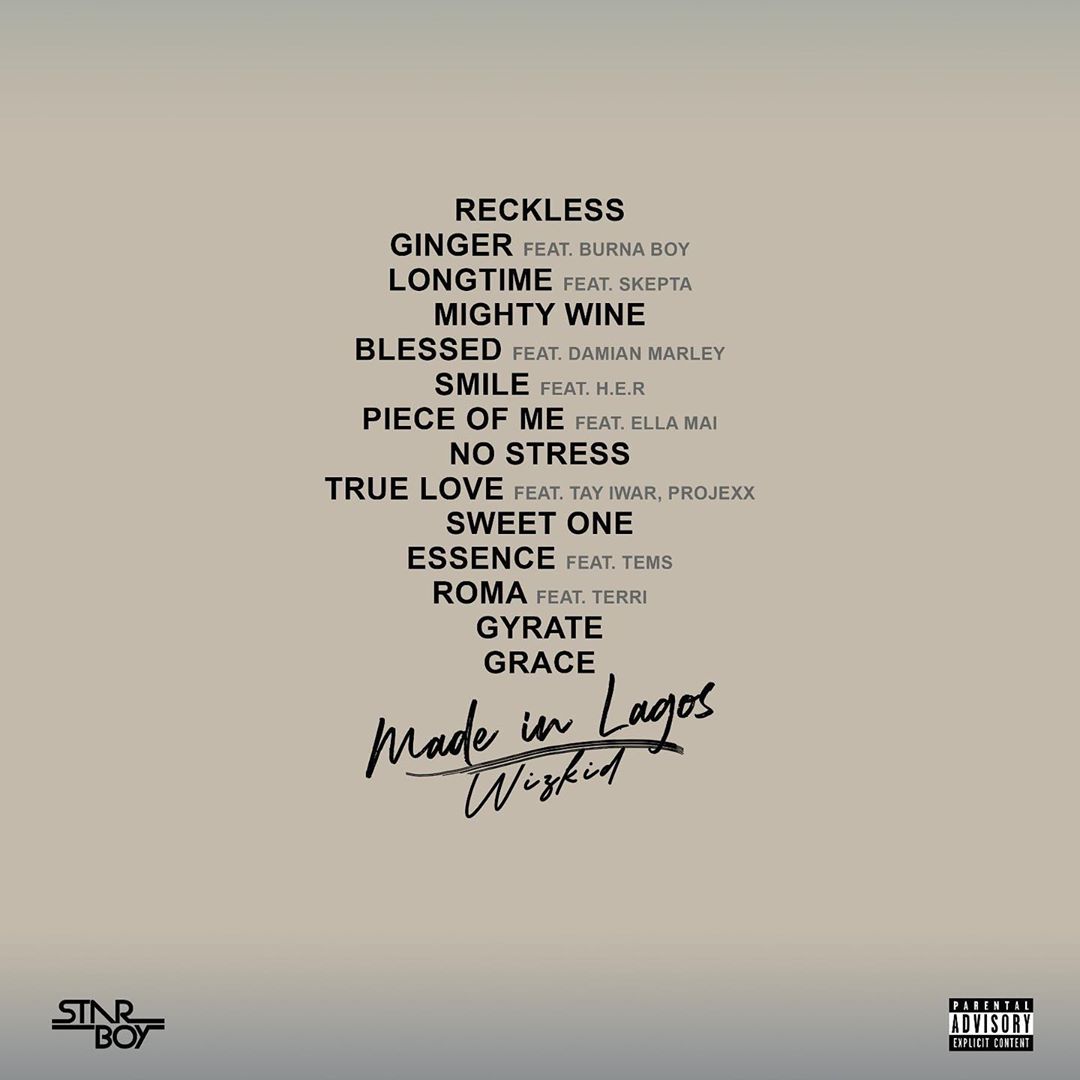 Official tracklist for Wizkid's 'Made In Lagos' studio album. Photo credit: Instagram/wizkidayo
