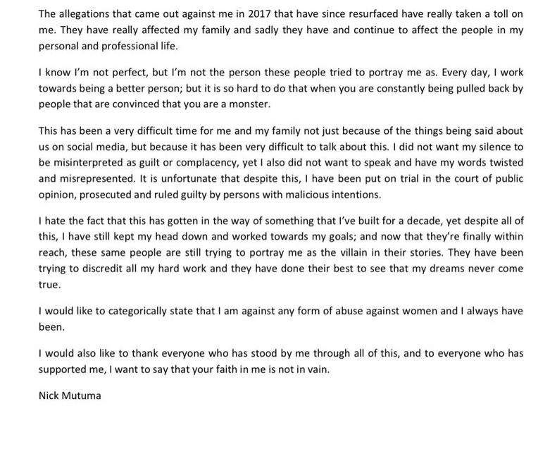 Nick Mutuma's official statement over the resurface of his sexual assault allegations that was brought to light over social media back in 2017
