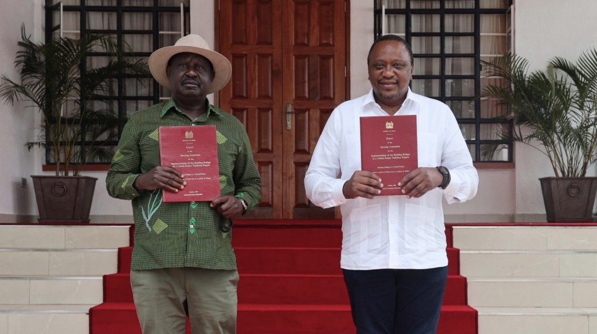 ODM leader Raila Odinga and President Uhuru Kenyatta during the unveiling of BBI report in Kisii