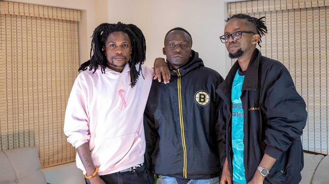 Scar, the one-third member of the underground hip hop group, Wakadinali who believes he's way better than Nyashinski together with Chaxy(left) on set of the 'In Conversation' show. Photo credit: Instagram/scar_mkadinali