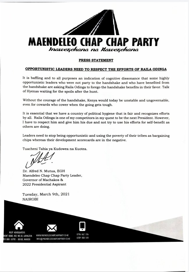 Dr. Alfred Mutua's official statement on the need for opportunistic leaders to respect the efforts of the first Prime Minister, Raila Odinga