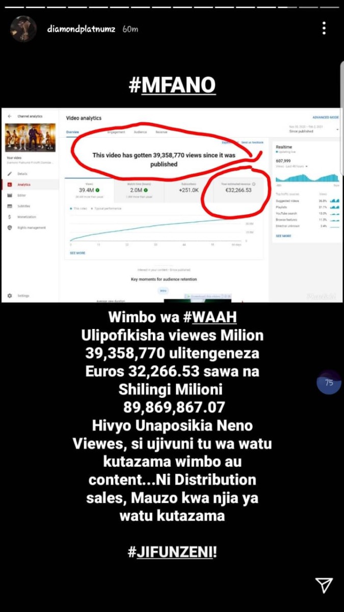 Diamond Platnumz has made over TShs. 89 million in 'Waah!' on YouTube so far and he's grateful so far about it. Photo credit: Instagram/diamondplatnumz
