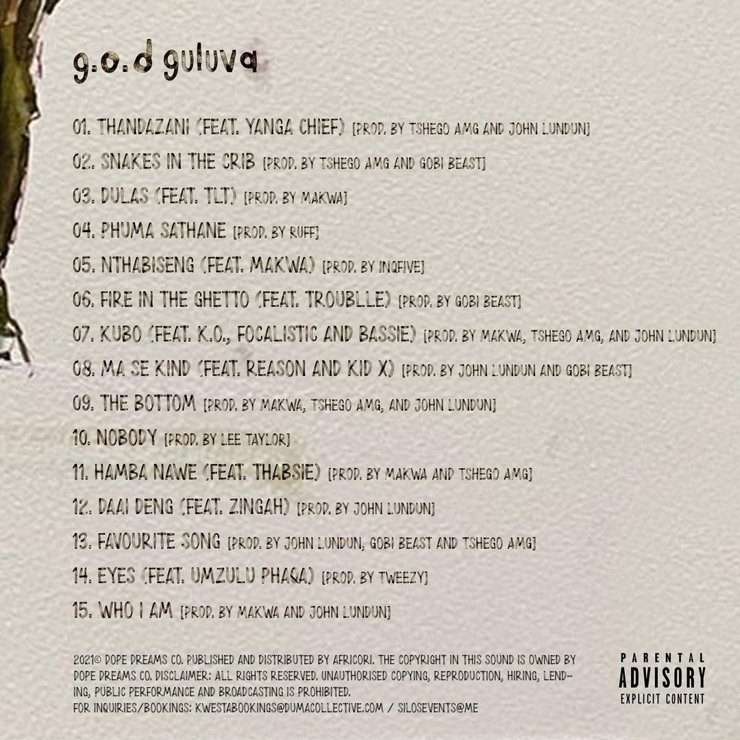 The official back cover art and official tracklist for Kwesta's 'g.o.d guluva'. Photo credit: Instagram/kwestadakar