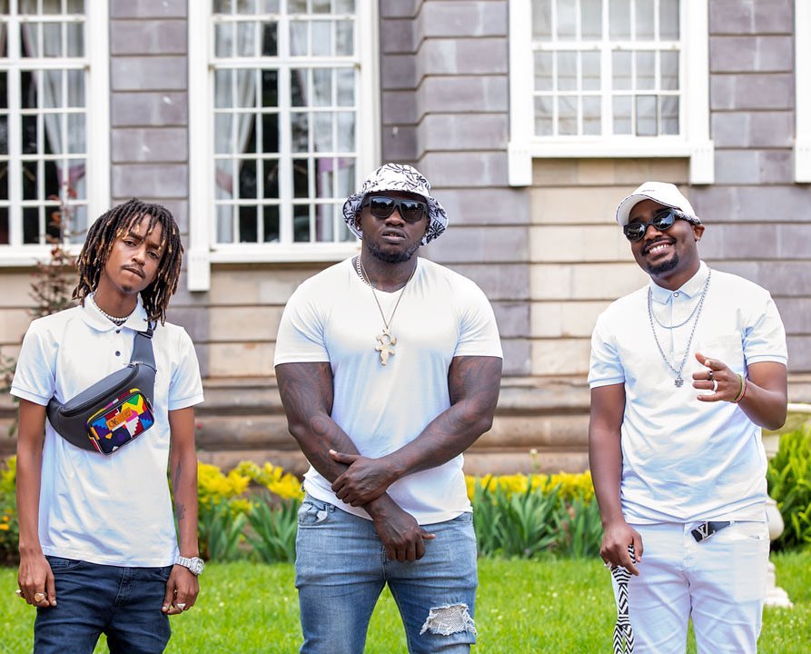 Left to right: Boutross Munene, Khaligraph Jones, and Krispah on set of 'Ndovu Kuu' music video shoot. Photo credit: Instagram/ndovu_kuu