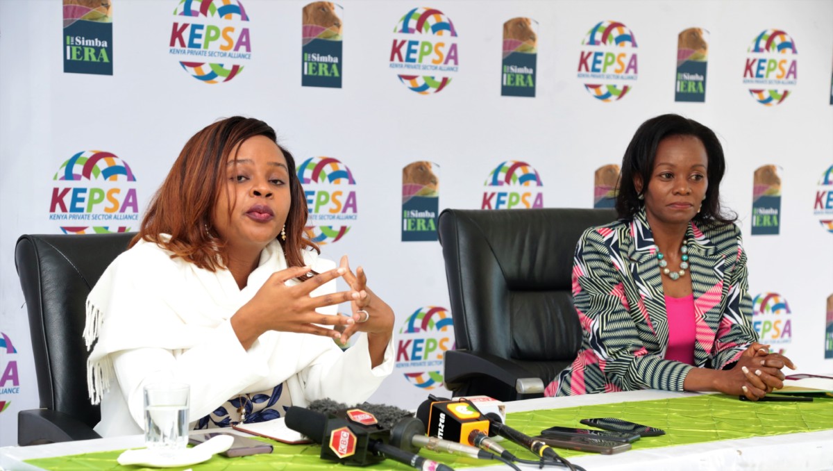 Mercy Mawangangi (Left), CAS Ministry of Health, speaking at a press briefing on 15th September 2021, regarding the start of the private sector-led Covid-19 Vaccinations initiative, that is being coordinated by KEPSA. Carole Kariuki (Right), the KEPSA CEO said that phase one of the initiative will see up to 70,000 employees, their families and community members vaccinated by 8th October 2021. Photo credit: Supplied