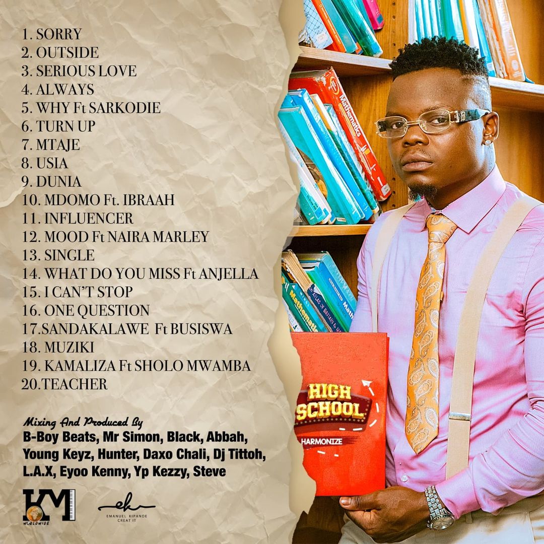 The official back cover art and tracklist for Harmonize's 'High School' studio album. Photo credit: Instagram/harmonize_tz