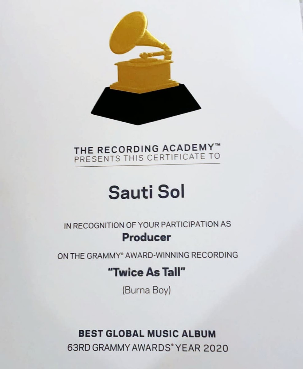 Sauti Sol's certificate as issued by the Recording Academy for their contribution as Producer in Burna Boy's 'Twice as Tall' Grammy Award-winning studio album. Photo credit: Instagram/sautisol