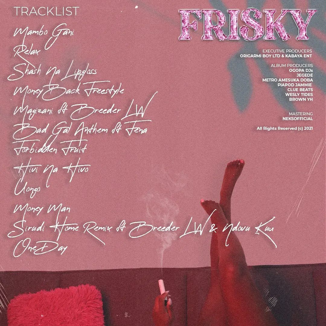 The official back cover art and tracklist for Maandy's latest studio album 'Frisky'. Photo credit: Instagram/maandygram