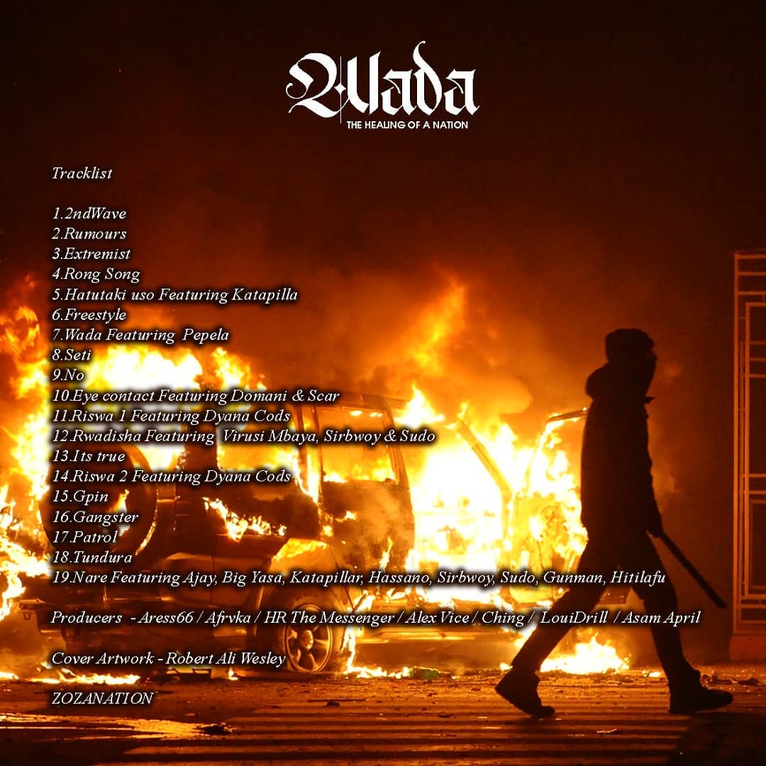The official back cover art photo and tracklist for Sewersydaa debut studio album 'WADA the Healing of a Nation' as designed by Robert Ali Wesley. Photo credit: Instagram/sewersydaa