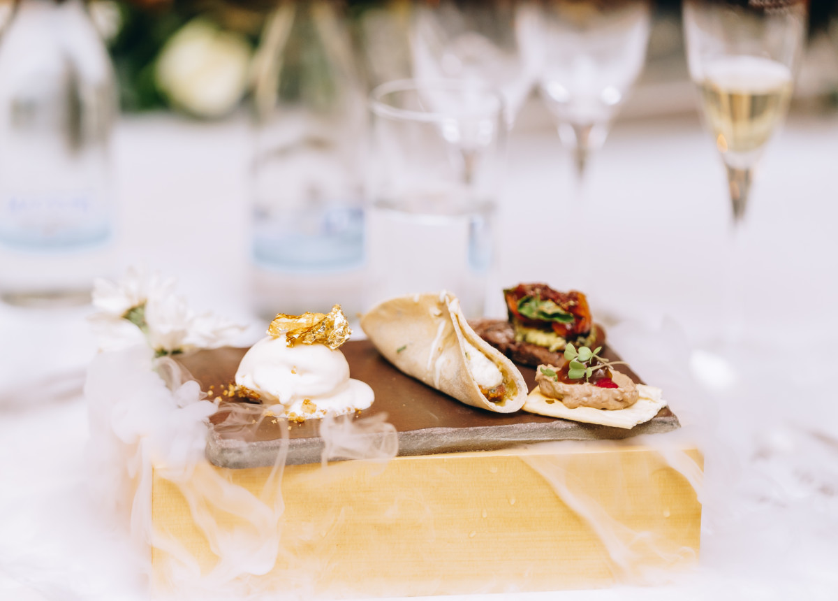 Cold hors d_ oeuvres which consisted of Chicken liver pate, Mini soft shell pegged tacos, Buffalo mozzarella dark rye toast and seed crackers, Coconut stuffed rice