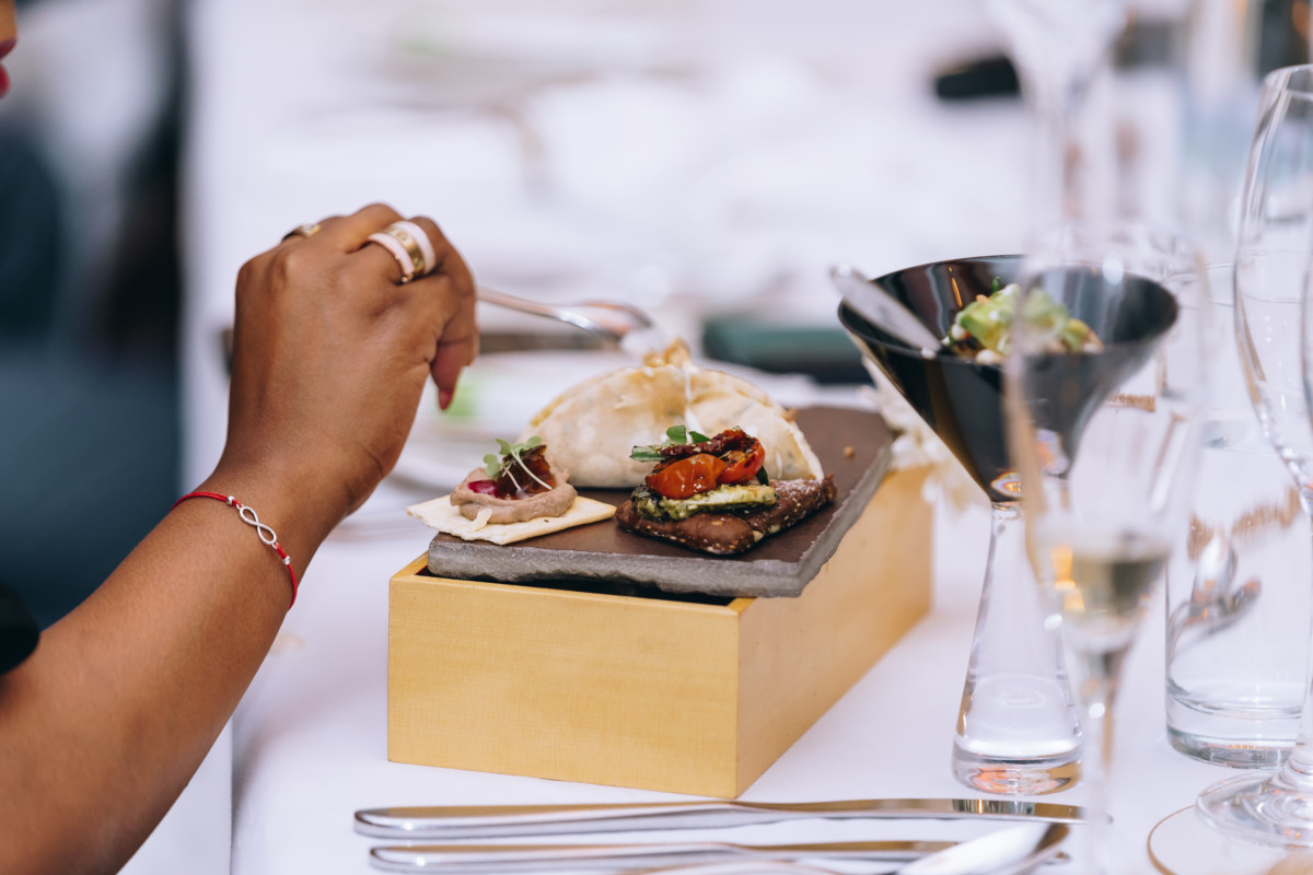 Cold hors d_ oeuvres which consisted of Chicken liver pate, Mini soft shell pegged tacos, Buffalo mozzarella dark rye toast and seed crackers, Coconut stuffed rice