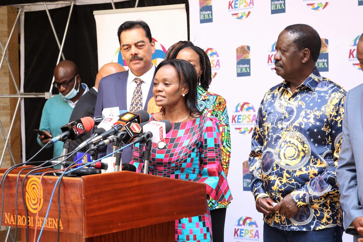 Carole Kariuki, CEO KEPSA speaking to the media on March 2, 2022 following a meeting with the Rt. Hon. Raila Odinga, the Presidential aspirant for the Azimio La Umoja Movement, where KEPSA presented the Private Sector Manifesto with a view to influence the quality of political manifestos to be people centered and economy driven.